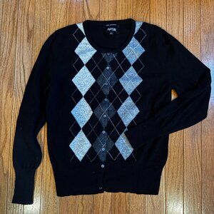 Apt 9 Preppy Black & Gray Argyle 100% Cashmere Cardigan - Size L